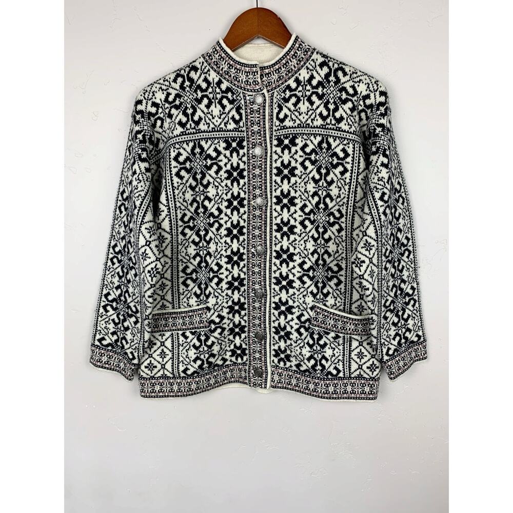 Vintage Christiania Wool Cardigan Sweater Black Cream Fair Isle Knit Women's S